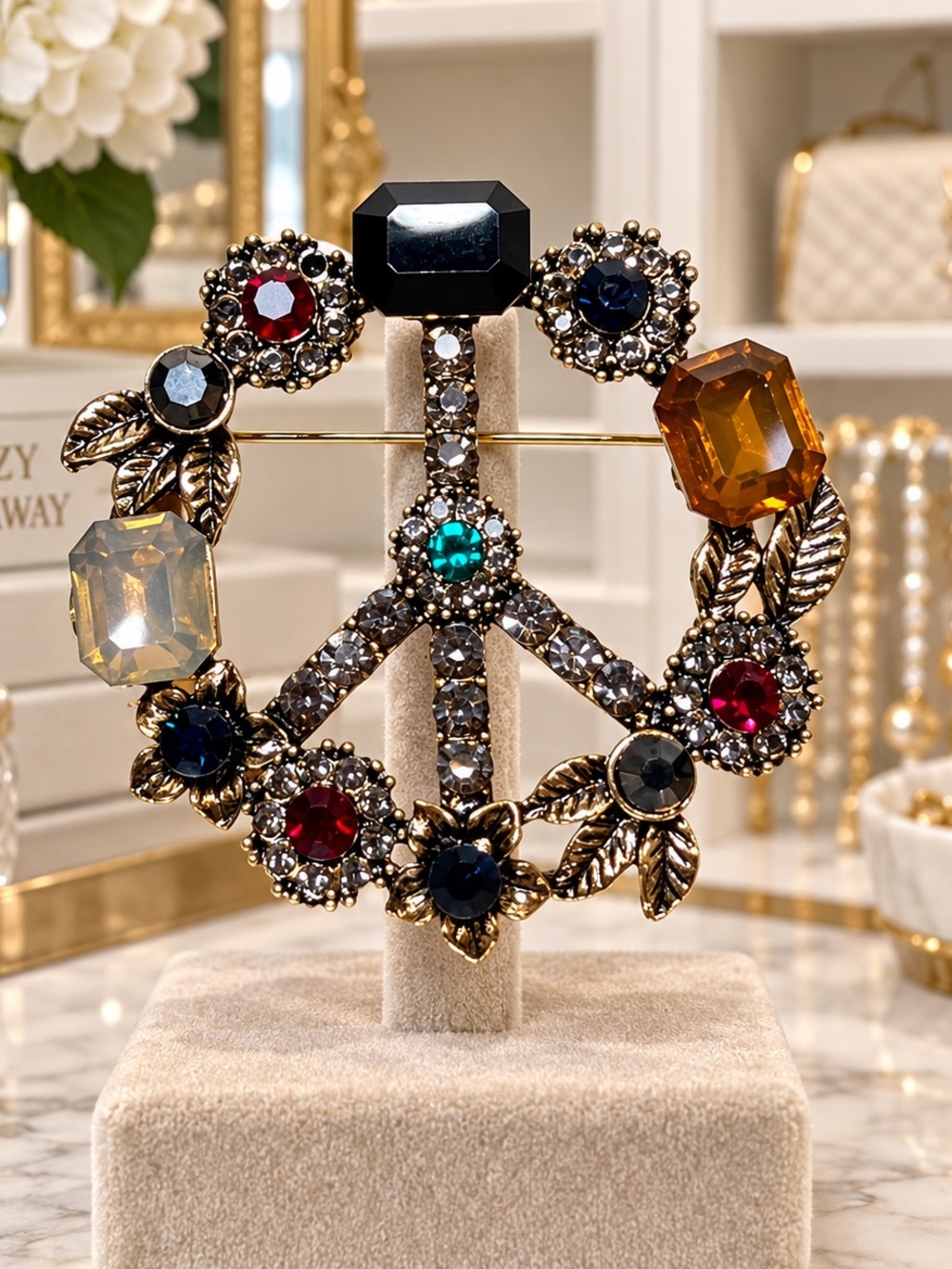 NEW Multicolor Crystal Peace Sign Brooch | Gold&Silver-Tone | 2”